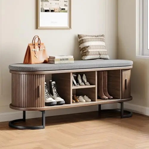 Decofy Shoe Storage Bench with Cushion and Sliding Doors, 47.2 Inch Shoe Bench with Storage, Freestanding Entryway Bench with Storage, Sturdy Metal Feet, for Hallway & Entrance Hall, Walnut